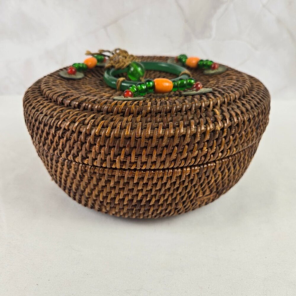 Vintage Chinese Sewing Basket Brown Handmade Round Wicker Glass Bead Accents